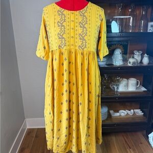 Avaasa Mustard Yellow Boho Maxi Dress Geometric Print Viscose Small